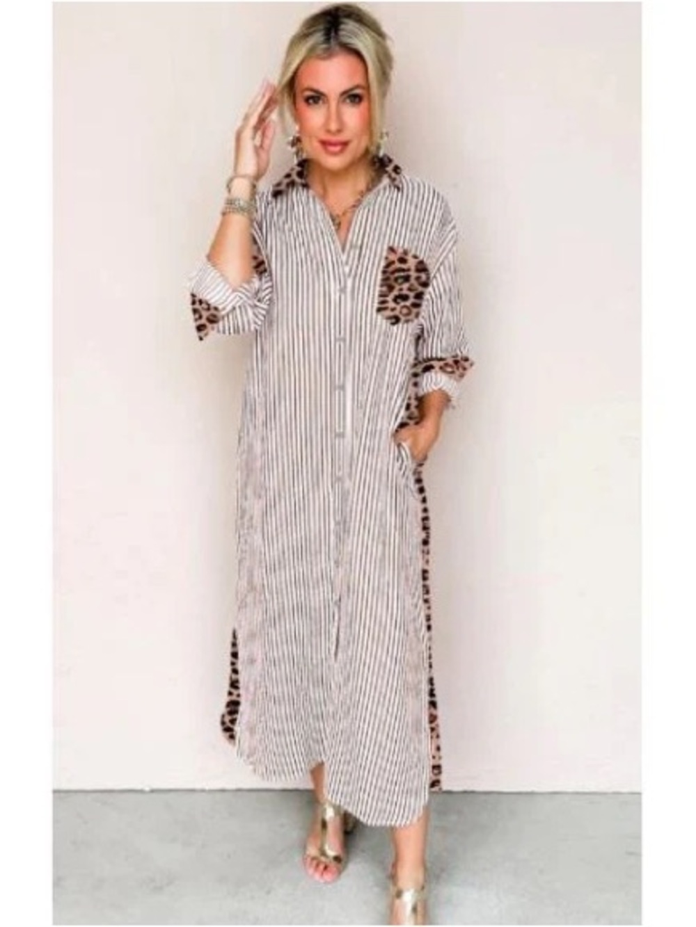 BRAND NEW WITH TAGS Brown Stripe Leopard Patchwork Maxi Shirt Dress